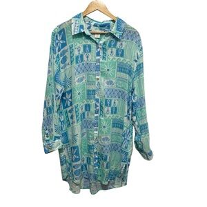 C&C California Linen Blend Tropical Coastal Long Sleeve Button Up Shirt Dress XL
